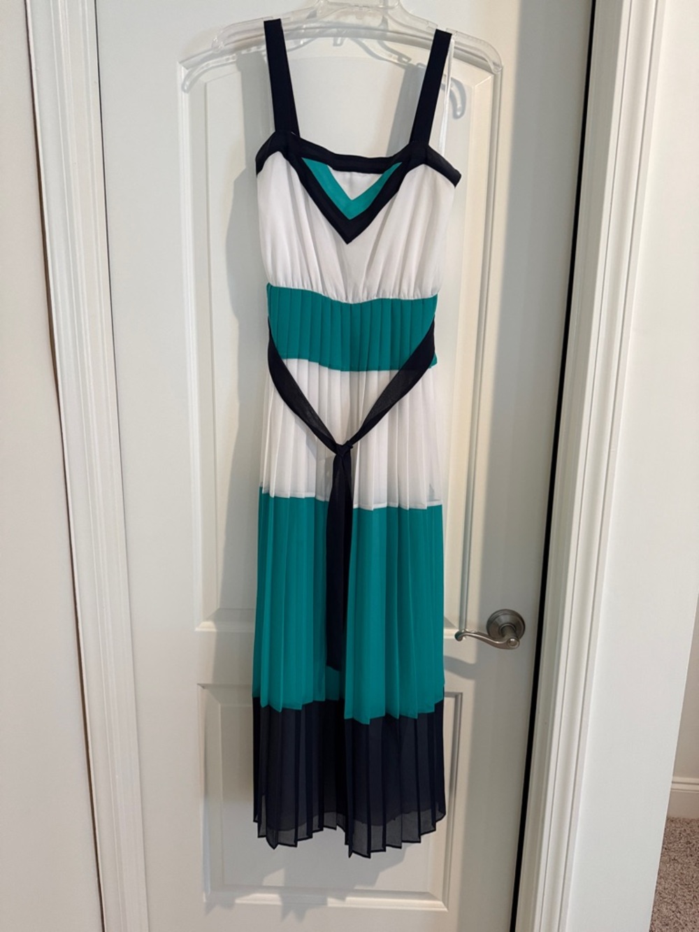 Banana Republic Milly Collection Color Block Teal, White and Navy Pleated Maxi